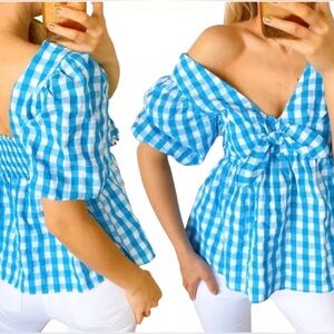 Lilly Pulitzer Sarafina Top | Blue Gingham Puff Sleeve Peplum Blouse